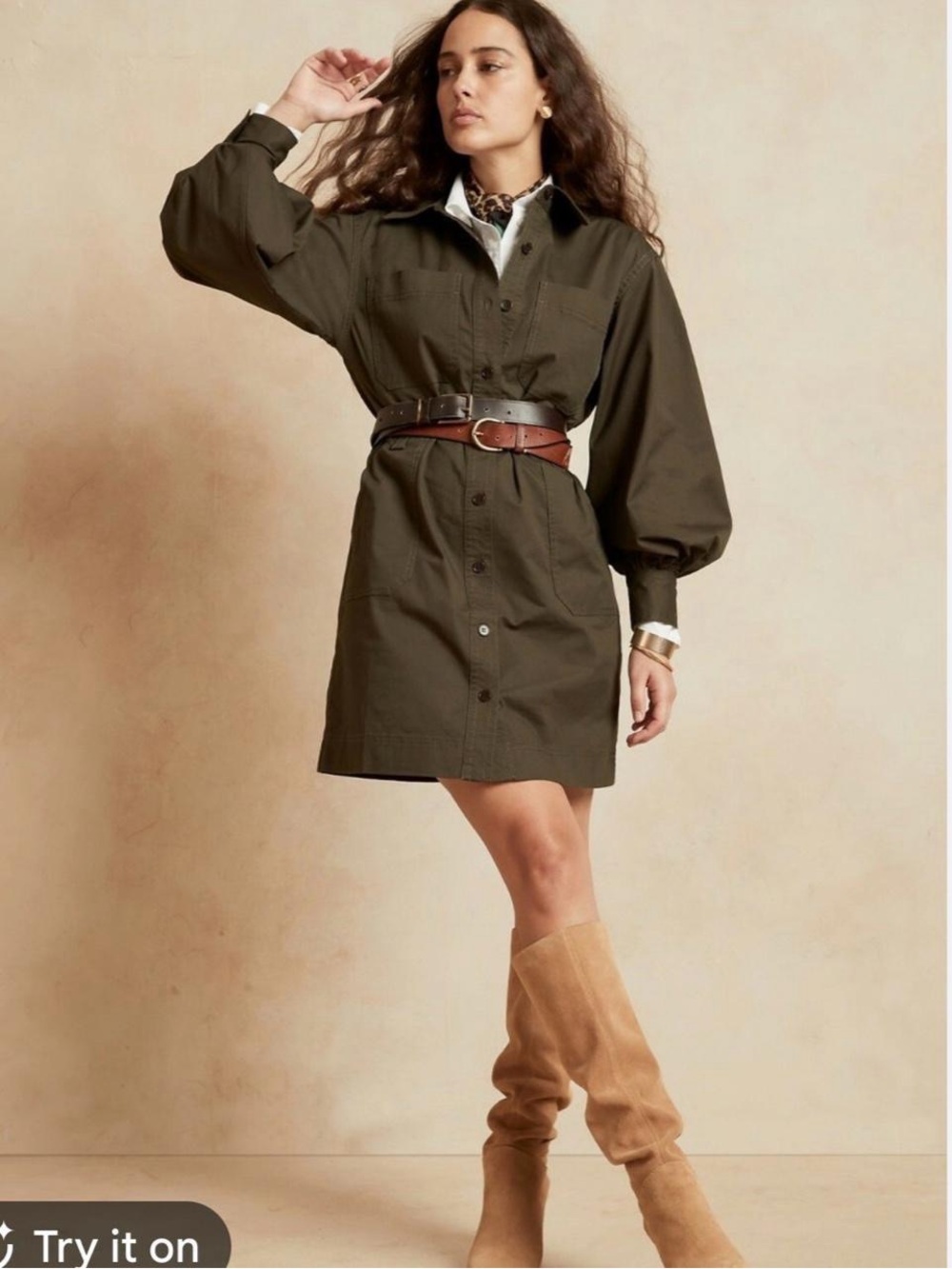 Banana Republic Camo Green Utility Shirtdress Women's XL Long Sleeve Safari Wear